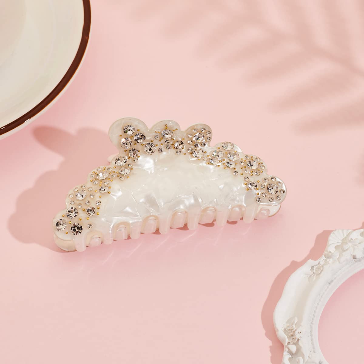 Rhinestone Pearl White Hair Claw Clip – 4 Inch Large Acrylic Non-Slip Elegant Hair Accessory for Women, Perfect for Weddings & Parties