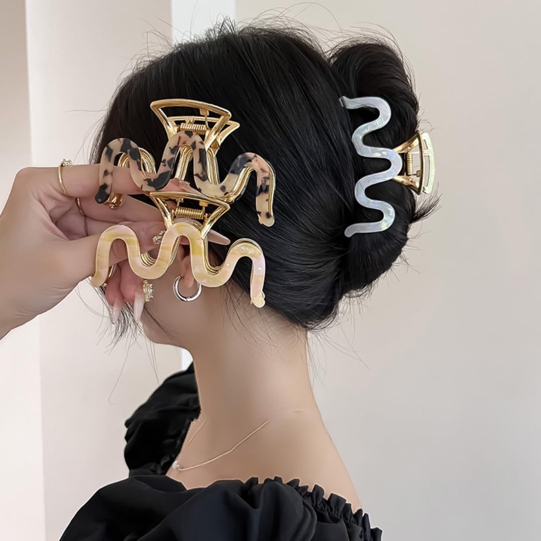 3 Pcs Wave Hair Claw Clips – 3.5 Inch Metal & Acrylic Non-Slip Stylish Hair Accessories for Women