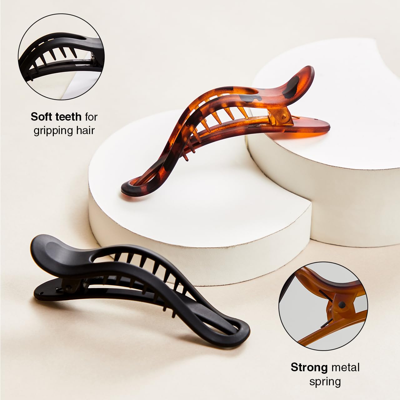 2 Pack Wave Design Hair Claw Clips – Black & Tortoise Shell, 4.5 Inch Large Non-Slip Hair Accessories for Women