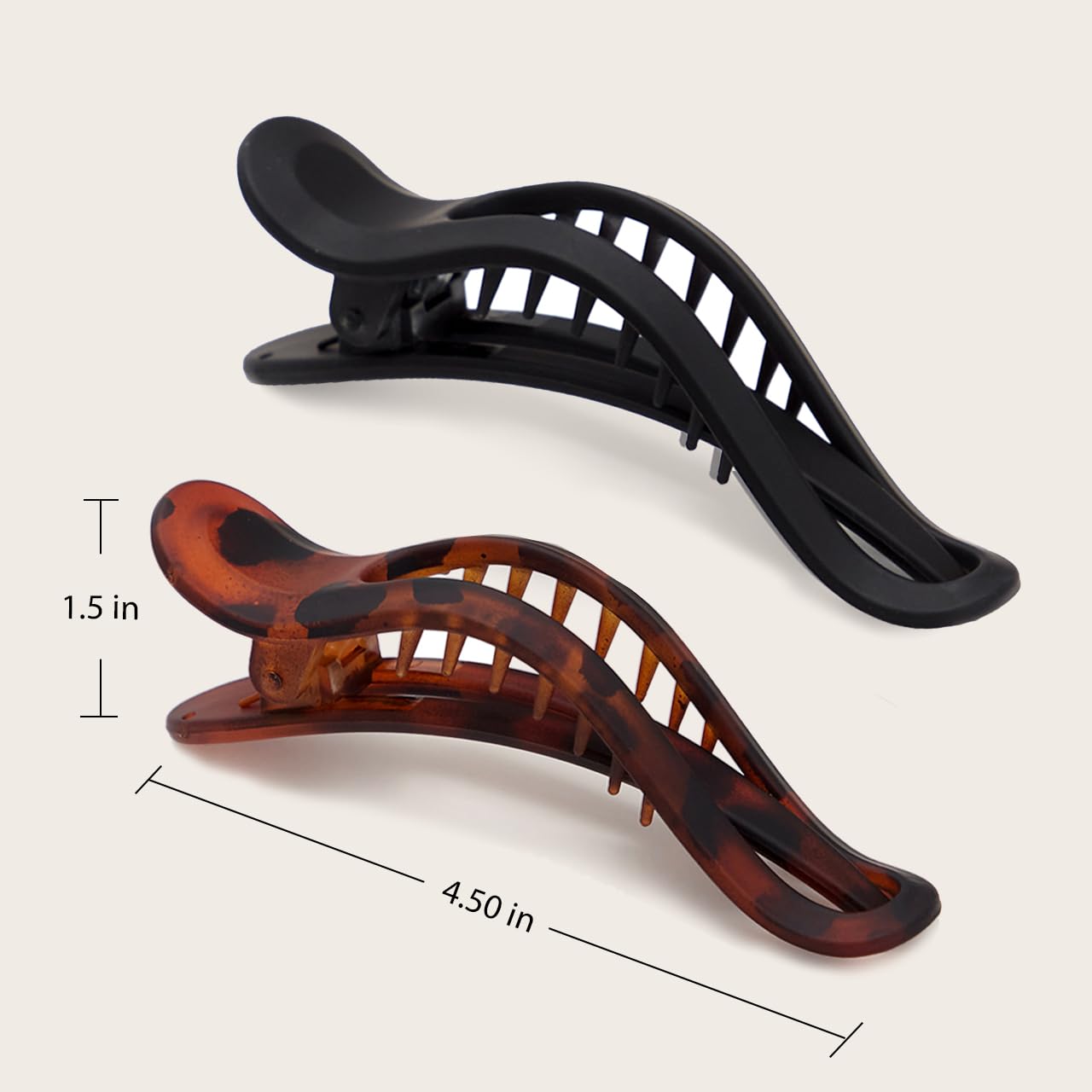 2 Pack Wave Design Hair Claw Clips – Black & Tortoise Shell, 4.5 Inch Large Non-Slip Hair Accessories for Women