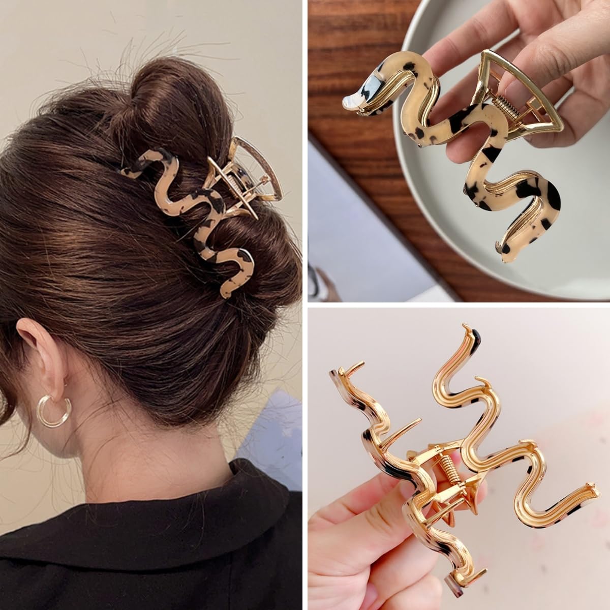 3 Pcs Wave Hair Claw Clips – 3.5 Inch Metal & Acrylic Non-Slip Stylish Hair Accessories for Women
