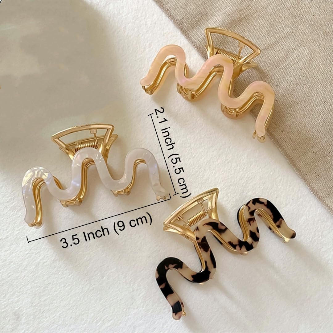 3 Pcs Wave Hair Claw Clips – 3.5 Inch Metal & Acrylic Non-Slip Stylish Hair Accessories for Women