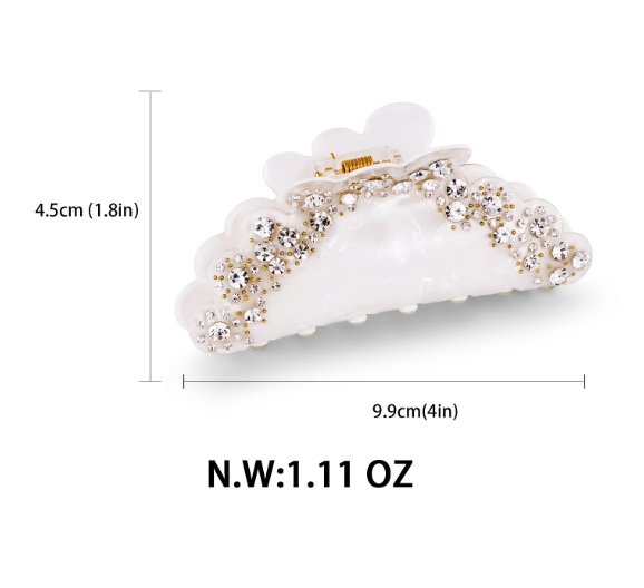 Rhinestone Pearl White Hair Claw Clip – 4 Inch Large Acrylic Non-Slip Elegant Hair Accessory for Women, Perfect for Weddings & Parties