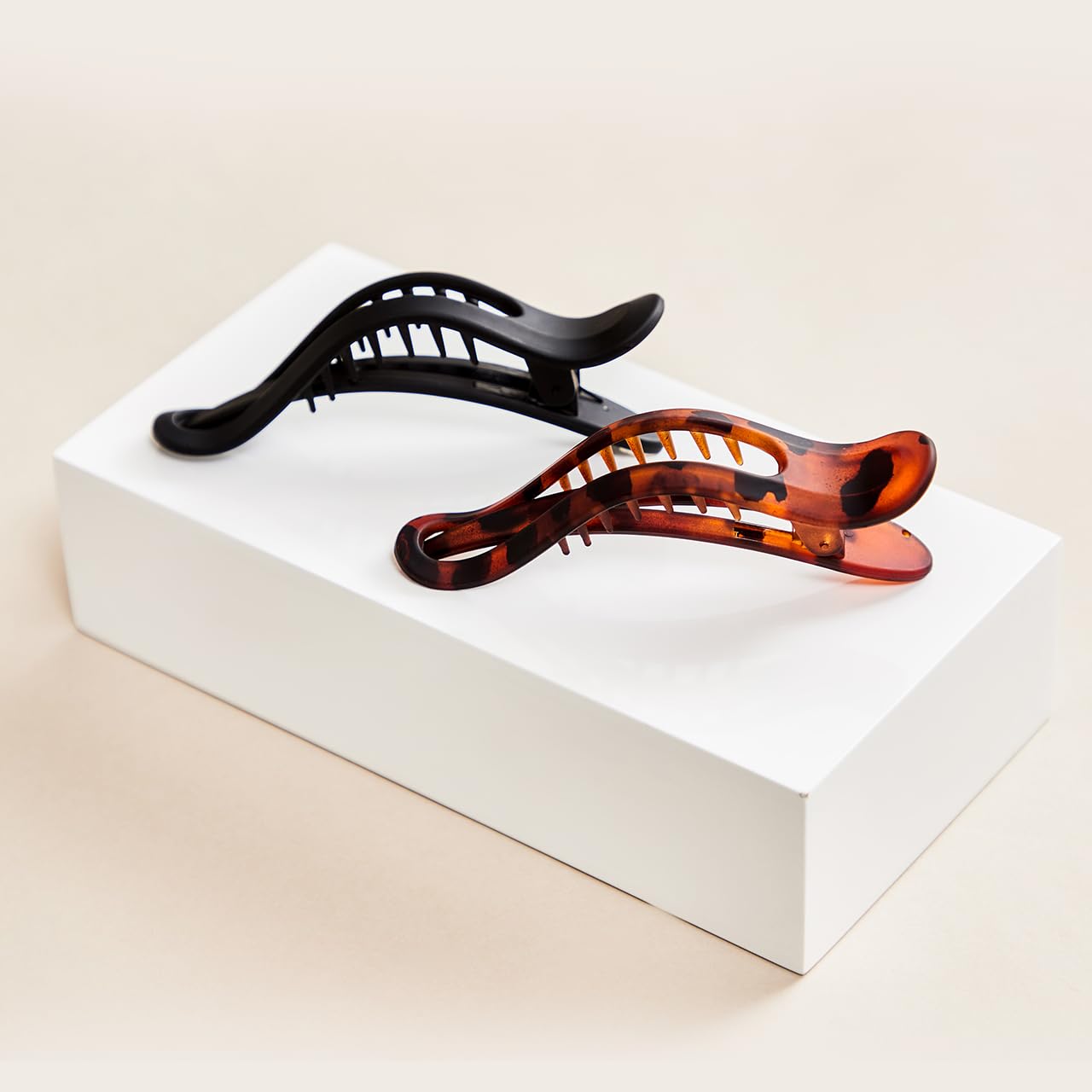 2 Pack Wave Design Hair Claw Clips – Black & Tortoise Shell, 4.5 Inch Large Non-Slip Hair Accessories for Women