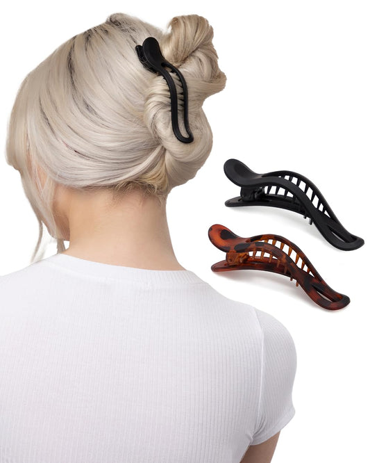 2 Pack Wave Design Hair Claw Clips – Black & Tortoise Shell, 4.5 Inch Large Non-Slip Hair Accessories for Women