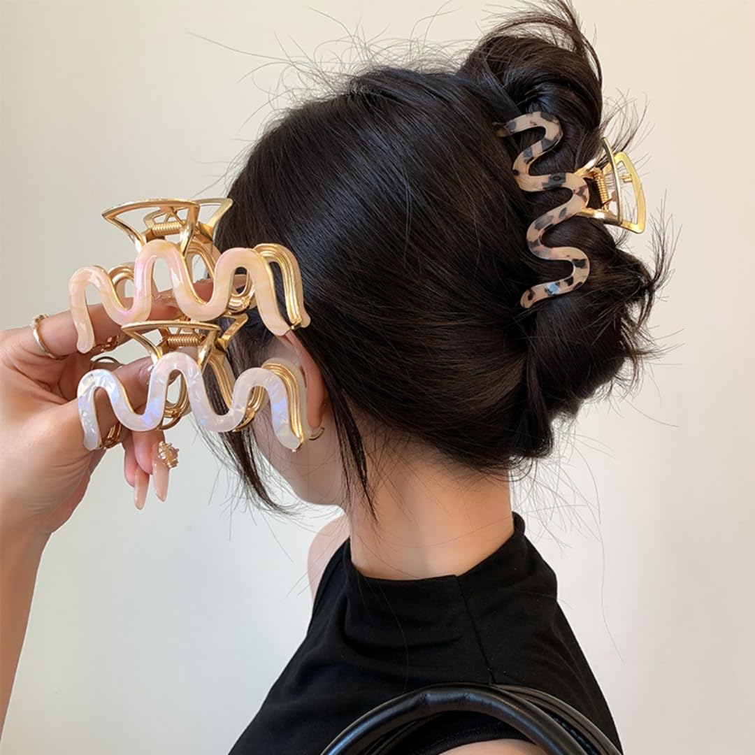 3 Pcs Wave Hair Claw Clips – 3.5 Inch Metal & Acrylic Non-Slip Stylish Hair Accessories for Women