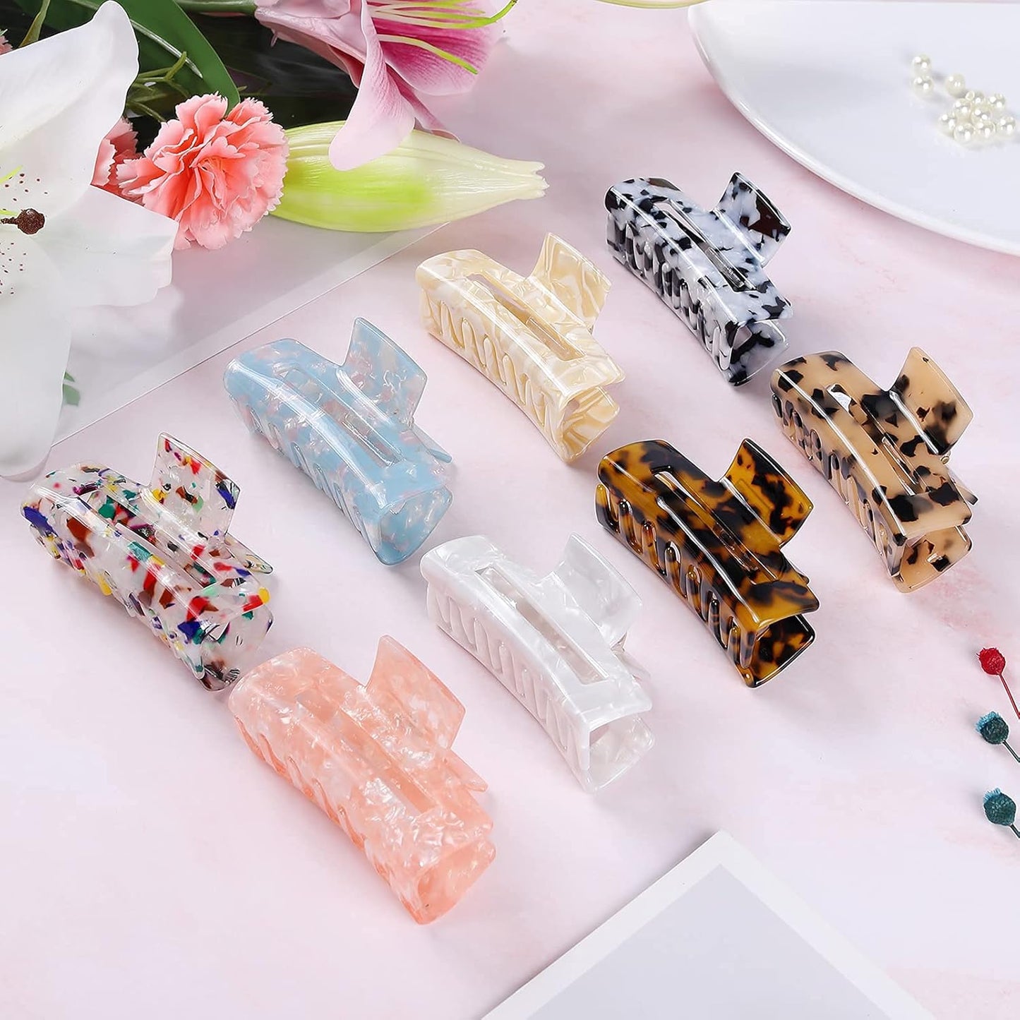 8 Pack Acrylic Hair Claw Clips – Large Colorful Marble Pattern Hair Accessories for Women, Strong Hold for Thick & Long Hair