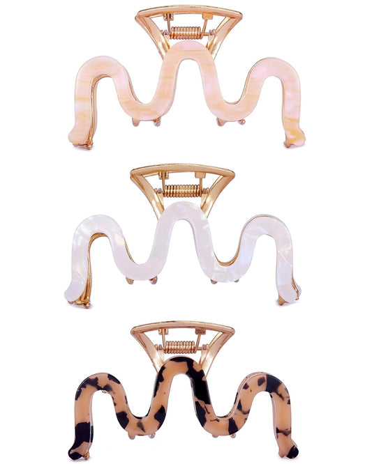 3 Pcs Wave Hair Claw Clips – 3.5 Inch Metal & Acrylic Non-Slip Stylish Hair Accessories for Women