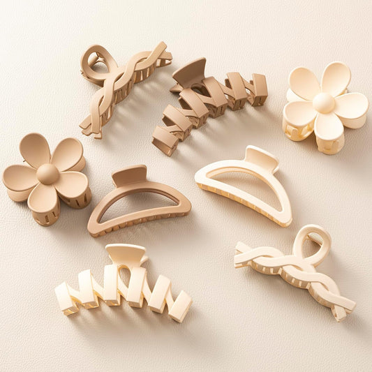 8 Pack Hair Claw Clips Set – Beige/Coffee Mix, Multiple Styles & Sizes, Strong Hold Non-Slip Hair Accessories for Women